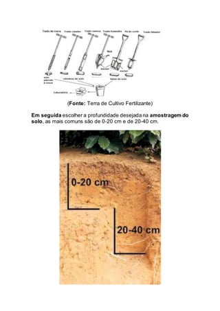 (Fonte: Terra de Cultivo Fertilizante)
Em seguida escolher a profundidade desejada na amostragem do
solo, as mais comuns são de 0-20 cm e de 20-40 cm.
 