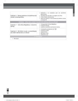 10
H
S
I
Capítulo 3 − Rumos políticos e econômicos do
mundo contemporâneo
•	 	Gorbachev e as propostas para um socialismo
democrático
•	 	Socialismo de mercado: um negócio da China
•	 	A Nova Ordem Internacional
•	 	Rumos da política e da economia da América Latina
no século XX
Unidade – Uma nova ordem republicana democrática no Brasil
Capítulo 1 − Uma Nova República: o Governo
Sarney
•	 	A inauguração da Nova República
•	 	O Governo Sarney
•	 A política econômica do Governo Sarney
Capítulo 2 − De Collor a Lula: a consolidação
da ordem democrática no Brasil
•	 	A campanha presidencial de 1989
•	 	O Governo Collor
•	 	Impeachment
•	 	De Itamar a FHC
•	 O Governo Lula
2º Semestre
•	 Revisional
manual_pitagoras_história_3 ano.indd 10 1/10/2010 16:47:02
 