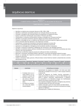 19
SEQUÊNCIAS DIDÁTICAS
Sequência 1
O embate entre as correntes liberais e os socialismos no século XIX
Tempo previsto: 2 semanaS
Objetivos específicos
•	 	Identificar os objetivos das revoluções liberais de 1820, 1830 e 1848.
•	 	Identificar o sentimento nacionalista presente nas revoluções liberais do século XIX.
•	 	Contrapor a emergência das revoluções liberais às proposições do Congresso de Viena.
•	 	Explicar as diferentes manifestações relacionadas à ‘Primavera dos Povos’.
•	 	Contextualizar a conjuntura socioeconômica europeia à emergência da ‘Primavera dos Povos’.
•	 	Identificar os principais movimentos operários ingleses da primeira metade do século XIX.
•	 	Comparar a estratégia de luta e os objetivos dos diferentes movimentos operários ingleses desse período.
•	 	Citar as principais doutrinas operárias e suas respectivas correntes.
•	 	Compreender a evolução dos movimentos e das doutrinas operárias no século XIX.
•	 	Discutir os pressupostos básicos das diferentes doutrinas operárias do século XIX.
•	 	Apresentar as convergências e divergências entre socialismo científico e anarquismo.
•	 	Contrapor a evolução do capitalismo à deflagração dos movimentos e das ideologias operárias.
•	 	Identificar os elementos sociais, políticos e econômicos que estimularam os movimentos nacionalistas dos reinos
italianos e dos reinos germânicos.
•	 	Caracterizar as diferentes etapas do processo de unificação da Itália e da Alemanha.
•	 	Relacionar o movimento nacionalista italiano e germânico ao processo de expansão industrial europeu.
•	 	Discutir os resultados dos respectivos processos de unificação italiano e alemão para a conjuntura política
europeia do século XIX.
•	 	Analisar e interpretar mapas, gravuras, linhas do tempo e textos históricos visando à compreensão dos conceitos
apresentados por eles.
Conceitos fundamentais: liberalismo; Manifesto Comunista; ludismo; cartismo; socialismo utópico; socialismo
científico; socialismo cristão; sindicalismo; anarquismo; internacionais operárias; nacionalismo; carbonários;
risorgimento; comunismo; operariado; doutrina social; capitalismo; movimento operário; revolução; contrarrevolução.
SEMANA CONTEÚDO ESTRATÉGIAS DE ENSINO
1.a
•	 O embate entre as cor-
rentes liberais e os so-
cialismos no século XIX
•	 De Porto a Paris: a rea-
ção contra as determi-
nações do Congresso de
Viena
•	 Do ludismo ao anarquis-
mo: a força das utopias
transformadoras
•	 Apresentação da proposta de trabalho e do tema que serão
explorados na Unidade 01 do livro da 3.a
Série: Europa e América
no século XIX.
•	 Análise da litogravura de Fredéric Sourrieu relacionada à
utopia das doutrinas europeias e o texto de René Remond, que
abrem o capítulo, enfocando, respectivamente, a influência
do nacionalismo e do liberalismo europeu nas manifestações
políticas da primeira metade do século XIX.
•	 	Aula expositiva dialogada enfocando a emergência das primeiras
revoluções liberais do século XIX na Europa.
•	 	Análise e discussão a partir do texto histórico de Kátia Matoso.
•	 	Leitura dialogada enfocando os primeiros movimentos de reação
operária na Inglaterra.
•	 	Orientação para o Trabalho de Hemeroteca.
manual_pitagoras_história_3 ano.indd 19 1/10/2010 16:47:11
 