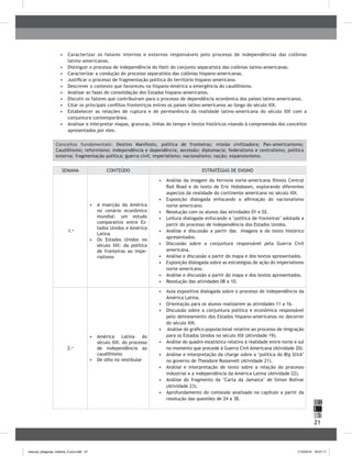 21
H
S
I
•	 Caracterizar os fatores internos e externos responsáveis pelo processo de independências das colônias
latino-americanas.
•	 	Distinguir o processo de independência do Haiti do conjunto separatista das colônias latino-americanas.
•	 	Caracterizar a condução do processo separatista das colônias hispano-americanas.
•	 	Justificar o processo de fragmentação política do território hispano-americano.
•	 	Descrever o contexto que favoreceu na hispano-América a emergência do caudilhismo.
•	 	Analisar as fases de consolidação dos Estados hispano-americanos.
•	 	Discutir os fatores que contribuíram para o processo de dependência econômica dos países latino-americanos.
•	 	Citar os principais conflitos fronteiriços entres os países latino-americanos ao longo do século XIX.
•	 	Estabelecer as relações de ruptura e de permanência da realidade latino-americana do século XIX com a
conjuntura contemporânea.
•	 	Analisar e interpretar mapas, gravuras, linhas do tempo e textos históricos visando à compreensão dos conceitos
apresentados por eles.
Conceitos fundamentais: Destino Manifesto, política de fronteiras; missão civilizadora; Pan-americanismo;
Caudilhismo; reformismo; independência e dependência; secessão; diplomacia; federalismo e centralismo; política
externa; fragmentação política; guerra civil; imperialismo; nacionalismo; nação; expansionismo.
SEMANA CONTEÚDO ESTRATÉGIAS DE ENSINO
1.a
•	 A inserção da América
no cenário econômico
mundial: um estudo
comparativo entre Es-
tados Unidos e América
Latina
•	 Os Estados Unidos no
século XIX: da política
de fronteiras ao impe-
rialismo
•	 	Análise da imagem da ferrovia norte-americana Illinois Central
Rail Road e do texto de Eric Hobsbawn, explorando diferentes
aspectos da realidade do continente americano no século XIX.
•	 	Exposição dialogada enfocando a afirmação do nacionalismo
norte-americano.
•	 	Resolução com os alunos das atividades 01 e 02.
•	 	Leitura dialogada enfocando a ‘política de fronteiras’ adotada a
partir do processo de independência dos Estados Unidos.
•	 	Análise e discussão a partir das imagens e do texto histórico
apresentados.
•	 	Discussão sobre a conjuntura responsável pela Guerra Civil
americana.
•	 	Análise e discussão a partir do mapa e dos textos apresentados.
•	 	Exposição dialogada sobre as estratégias de ação do imperialismo
norte-americano.
•	 	Análise e discussão a partir do mapa e dos textos apresentados.
•	 	Resolução das atividades 08 a 10.
2.a
•	 América Latina do
século XIX: do processo
de independência ao
caudilhismo
•	 De olho no vestibular
•	 	Aula expositiva dialogada sobre o processo de independência da
América Latina.
•	 	Orientação para os alunos realizarem as atividades 11 a 16.
•	 	Discussão sobre a conjuntura política e econômica responsável
pelo delineamento dos Estados hispano-americanos no decorrer
do século XIX.
•	 Análise do gráfico populacional relativo ao processo de imigração
para os Estados Unidos no século XIX (Atividade 19).
•	 Análise do quadro estatístico relativo à realidade entre norte e sul
no momento que precede à Guerra Civil Americana (Atividade 20).
•	 Análise e interpretação da charge sobre a ‘política do Big Stick’
no governo de Theodore Roosevelt (Atividade 21).
•	 Análise e interpretação de texto sobre a relação do processo
industrial e a independência da América Latina (Atividade 22).
•	 Análise do fragmento da ‘Carta da Jamaica’ de Simon Bolívar
(Atividade 23).
•	 Aprofundamento do conteúdo analisado no capítulo a partir da
resolução das questões de 24 a 38.
manual_pitagoras_história_3 ano.indd 21 1/10/2010 16:47:11
 