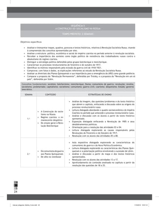 24
H
S
I
SeqUência 5
A Construção do Socialismo na Rússia
Tempo previsto: 2 semanas
Objetivos específicos
•	 	Analisar e interpretar mapas, quadros, gravuras e textos históricos, relativos à Revolução Socialista Russa, visando
à compreensão dos conceitos apresentados por eles.
•	 	Analisar a estrutura política, econômica e social do império czarista no período anterior à revolução socialista.
•	 	Perceber a importância dos sovietes como órgão político de resistência dos trabalhadores russos contra o
absolutismo do regime czarista.
•	 	Distinguir a estratégia política defendida pelos grupos bolchevique e menchevique.
•	 	Caracterizar os processos revolucionários de fevereiro e de outubro de 1917.
•	 	Identificar os motivos responsáveis pela eclosão da guerra civil de 1918–1921.
•	 	Comprovar, com fatos e dados, as explicações referentes ao estudo da Revolução Socialista Russa.
•	 Analisar as diretrizes dos Planos Quinquenais e sua importância para a emergência da URSS como grande potência.
•	 	Comparar a proposta da “Revolução Permanente”, defendida por Trotsky, e a proposta da “Revolução em um só
país”, defendida por Stálin.
Conceitos fundamentais: sovietes; bolchevismo; menchevique; Duma; comunismo de guerra; revolução; revolta;
socialismo; proletariado; capitalismo; socialismo; comunismo; guerra civil; czarismo; despotismo; Estado; governo
teocrático.
SEMANA CONTEÚDO ESTRATÉGIAS DE ENSINO
1.a
•	 A Construção do socia-
lismo na Rússia
•	 Regime czarista: o re-
manescente despótico
•	 Do ensaio geral à Revo-
lução Bolchevique
•	 	Análise da imagem, das questões/problemas e do texto histórico
que abrem o capítulo, enfocando a discussão sobre as origens do
processo revolucionário russo.
•	 Leitura dialogada abordando o quadro socioeconômico do Império
Czarista no período que antecede o processo revolucionário russo.
•	 Análise e discussão com os alunos a partir do texto histórico
apresentado.
•	 	Exposição dialogada enfocando a Revolução de 1905 e seus
desdobramentos políticos.
•	 	Orientação para a resolução das atividades 03 e 04.
•	 	Leitura dialogada explorando as causas responsáveis pelas
Revoluções de Fevereiro e de Outubro de 1917.
•	 	Resolução com os alunos das atividades 05 a 08.
2.a
•	 Docomunismodeguerra
aos Planos Quinquenais
•	 De olho no vestibular
•	 	Aula expositiva dialogada explorando as características do
comunismo de guerra e da Nova Política Econômica.
•	 	Leitura dialogada explorando as características dos Planos Quin-
quenais e a polarização política envolvendo a sucessão de Lênin.
•	 	Análise e discussão a partir do mapa e dos textos históricos
apresentados.
•	 	Resolução com os alunos das atividades 13 a 17.
•	 	Aprofundamento do conteúdo analisado no capítulo a partir da
resolução das questões de 18 a 25.
manual_pitagoras_história_3 ano.indd 24 1/10/2010 16:47:12
 