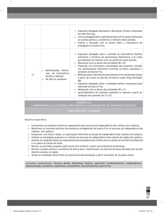 27
H
S
I
•	 	Exposição dialogada abordando a Revolução Chinesa comandada
por Mao Tsé-tung.
•	 Leitura dialogada sobre o período da Guerra Fria clássica enfocando
os acordos políticos, econômicos e militares desse período.
•	 	Análise e discussão com os alunos sobre a importância da
propaganda na Guerra Fria.
2.a
•	 Manifestações libertá-
rias: da Coexistência
Pacífica à détente
•	 De olho no vestibular
•	 	Exposição dialogada sobre o período da Coexistência Pacífica
enfocando a tentativa de aproximação diplomática e as crises
que abalaram as relações entre as potências nesse período.
•	 	Realização com os alunos das atividades 06 e 07.
•	 	Exposição oral enfocando a pluralidade das propostas contidas
nas manifestações libertárias ocorridas no bloco capitalista e
socialista da Guerra Fria.
•	 	Reflexão sobre o Movimento pelos Direitos Civis nos Estados Unidos
a partir do trecho do discurso de Martin Luther King (Atividade
08).
•	 	Exposição dialogada sobre a realidade política responsável pela
supressão da Guerra Fria.
•	 	Realização com os alunos das atividades 09 a 12.
•	 	Aprofundamento do conteúdo analisado no capítulo a partir da
resolução das questões de 13 a 22.
SeqUência 8
A Independência das Colônias Afro-Asiáticas e os Movimentos de Inspiração Socialista
Tempo previsto: 2 semanas
Objetivos específicos
•	 	Caracterizar as condições históricas responsáveis pelo processo de independência das colônias afro-asiáticas.
•	 	Relacionar os interesses políticos das potências protagonistas da Guerra Fria no processo de independência das
colônias afro-asiática.
•	 	Comprovar, com fatos e dados, as explicações referentes ao estudo da independência das colônias afro-asiática.
•	 	Analisar as estratégias propostas no contexto do processo de independência das colônias da região afro-asiática.
•	 	Analisar as condições históricas responsáveis pela emergência do conflito entre os árabes do território da Palestina
e os judeus do Estado de Israel.
•	 	Discutir os princípios propostos pelos povos afro-asiáticos a partir da Conferência de Bandung.
•	 	Discutir o quadro político e econômico da África atual, relacionando-o às diversas heranças deixadas pelo secular
domínio europeu na região.
•	 	Avaliar as realidades decorrentes do processo de descolonização a partir da análise de situações atuais.
Conceitos fundamentais: Terceiro Mundo; Resistência Pacífica; apartheid; fundamentalismo; independência;
descolonização; socialismo; capitalismo; nacionalismo; não alinhamento; Guerra Fria.
manual_pitagoras_história_3 ano.indd 27 1/10/2010 16:47:12
 