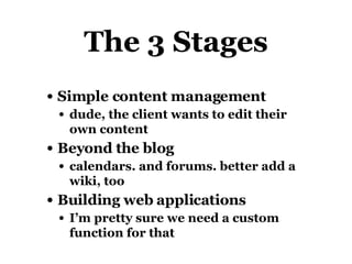 The 3 Stages Simple content management dude, the client wants to edit their own content Beyond the blog calendars. and forums. better add a wiki, too Building web applications I’m pretty sure we need a custom function for that 