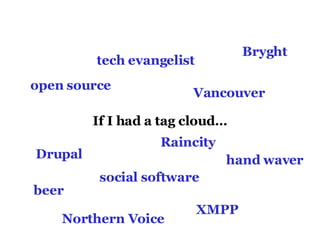 If I had a tag cloud… Bryght Raincity Vancouver tech evangelist Drupal open source hand waver beer XMPP social software Northern Voice 