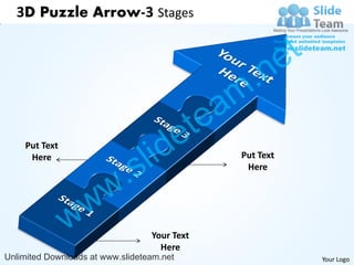 3D Puzzle Arrow-3 Stages


                                                              e t
                                                m .n
                                             tea
                                  id       e
                                l
    Put Text


                              s
     Here                                          Put Text



                        w .                         Here




               w w
                                  Your Text
                                    Here
Unlimited Downloads at www.slideteam.net                            Your Logo
 
