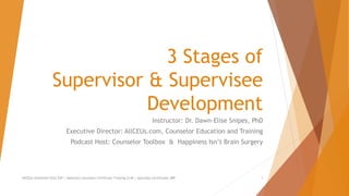 3 Stages of
Supervisor & Supervisee
Development
Instructor: Dr. Dawn-Elise Snipes, PhD
Executive Director: AllCEUs.com, Counselor Education and Training
Podcast Host: Counselor Toolbox & Happiness Isn’t Brain Surgery
1AllCEUs Unlimited CEUs $59 | Addiction Counselor Certificate Training $149 | Specialty Certificates $89
 