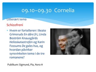 Litterært tema
Schizofreni
 Hvem er fortelleren i Beate
Grimsruds En dåre fri, Linda
Boström Knausgårds
Helioskatastrofen og Karin
Fossums De gales hus, og
hvordan påvirker
synsvinkelen tema i de tre
romanene?
09.10−09.30 Cornelia
Publikum: Sigmund, Pia, Nora H
 