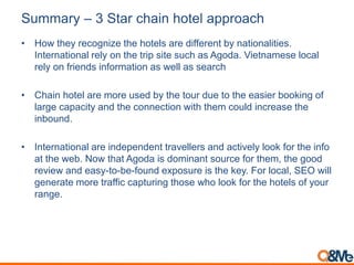 Summary – 3 Star chain hotel approach
• How they recognize the hotels are different by nationalities.
International rely on the trip site such as Agoda. Vietnamese local
rely on friends information as well as search
• Chain hotel are more used by the tour due to the easier booking of
large capacity and the connection with them could increase the
inbound.
• International are independent travellers and actively look for the info
at the web. Now that Agoda is dominant source for them, the good
review and easy-to-be-found exposure is the key. For local, SEO will
generate more traffic capturing those who look for the hotels of your
range.
 