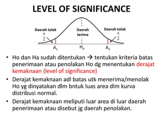 LEVEL OF SIGNIFICANCE
• Ho dan Ha sudah ditentukan  tentukan kriteria batas
penerimaan atau penolakan Ho dg menentukan derajat
kemaknaan (level of significance)
• Derajat kemaknaan adl batas utk menerima/menolak
Ho yg dinyatakan dlm bntuk luas area dlm kurva
distribusi normal.
• Derajat kemaknaan meliputi luar area di luar daerah
penerimaan atau disebut jg daerah penolakan.
A1
Daerah tolak
Ho
Daerah
terima
A2
Daerah tolak
 