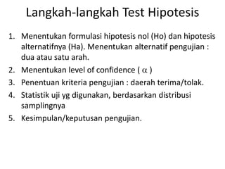 Langkah-langkah Test Hipotesis
1. Menentukan formulasi hipotesis nol (Ho) dan hipotesis
alternatifnya (Ha). Menentukan alternatif pengujian :
dua atau satu arah.
2. Menentukan level of confidence (  )
3. Penentuan kriteria pengujian : daerah terima/tolak.
4. Statistik uji yg digunakan, berdasarkan distribusi
samplingnya
5. Kesimpulan/keputusan pengujian.
 