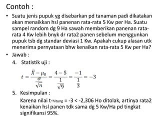 Contoh :
• Suatu jenis pupuk yg disebarkan pd tanaman padi dikatakan
akan menaikkan hsl panenan rata-rata 5 Kw per Ha. Suatu
sampel random dg 9 Ha sawah memberikan panenan rata-
rata 4 Kw lebih bnyk dr rata2 panen sebelum menggunkan
pupuk tsb dg standar deviasi 1 Kw. Apakah cukup alasan utk
menerima pernyataan bhw kenaikan rata-rata 5 Kw per Ha?
• Jawab :
4. Statistik uji :
5. Kesimpulan :
Karena nilai t-hitung = -3 < -2,306 Ho ditolak, artinya rata2
kenaikan hsl panen tdk sama dg 5 Kw/Ha pd tingkat
signifikansi 95%.
 
