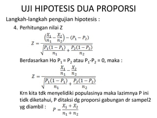 UJI HIPOTESIS DUA PROPORSI
Langkah-langkah pengujian hipotesis :
4. Perhitungan nilai Z
Berdasarkan Ho P1 = P2 atau P1-P2 = 0, maka :
Krn kita tdk menyelidiki populasinya maka lazimnya P ini
tidk diketahui, P ditaksi dg proporsi gabungan dr sampel2
yg diambil :
 