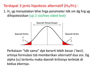 Terdapat 3 jenis hipotesis alternatif (Ha/H1) :
1. H1 yg menyatakan bhw hrga parameter tdk sm dg hrg yg
dihipotesiskan (uji 2 sisi/two sided test)
Perkataan “tdk sama” dpt berarti lebih besar / kecil,
artinya formulasi tsb memberikan alternatif dua sisi. Dg
alpha () tertentu maka daerah kritisnya terletak di
kedua ekornya.
Daerah Penerimaan
Daerah KritisDaerah Kritis
 