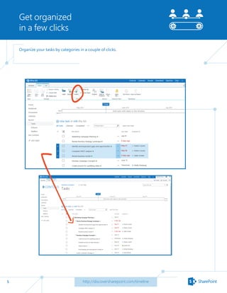 5
Get organized
in a few clicks
http://discoversharepoint.com/timeline
Organize your tasks by categories in a couple of clicks.
 