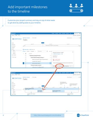 7
Add important milestones
to the timeline
http://discoversharepoint.com/timeline
Customize your project summary and stay on top of what needs
to get done by adding tasks to your timeline.
 