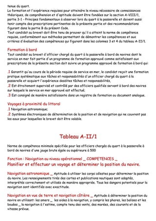 tteennuuee dduu qquuaarrtt..
LLaa ffoorrmmaattiioonn eett ll''eexxppéérriieennccee rreeqquuiisseess ppoouurr aatttteeiinnddrree llee nniivveeaauu nnéécceessssaaiirree ddee ccoonnnnaaiissssaanncceess
tthhééoorriiqquueess,, ddee ccoommpprrééhheennssiioonn eett dd''aappttiittuuddee ddooiivveenntt êêttrree ffoonnddééeess ssuurr llaa sseeccttiioonn AA--VVIIIIII//11,,
ppaarrttiiee 33--11 -- PPrriinncciippeess ffoonnddaammeennttaauuxx àà oobbsseerrvveerr lloorrss dduu qquuaarrtt àà llaa ppaasssseerreellllee eett ddooiivveenntt aauussssii
tteenniirr ccoommppttee ddeess pprreessccrriippttiioonnss ppeerrttiinneenntteess ddee llaa pprréésseennttee ppaarrttiiee eett ddeess rreeccoommmmaannddaattiioonnss
ffiigguurraanntt ddaannss llaa ppaarrttiiee BB dduu pprréésseenntt CCooddee..
TToouutt ccaannddiiddaatt aauu bbrreevveett ddooiitt êêttrree tteennuu ddee pprroouuvveerr qquu''iill aa aatttteeiinntt llaa nnoorrmmee ddee ccoommppéétteennccee
rreeqquuiissee,, ccoonnffoorrmméémmeenntt aauuxx mméétthhooddeess ppeerrmmeettttaanntt ddee ddéémmoonnttrreerr lleess ccoommppéétteenncceess eett aauuxx
ccrriittèèrreess dd''éévvaalluuaattiioonn ddeess ccoommppéétteenncceess qquuii ffiigguurreenntt ddaannss lleess ccoolloonnnneess 33 eett 44 dduu ttaabblleeaauu AA--IIII//11..
FFoorrmmaattiioonn àà bboorrdd
TToouutt ccaannddiiddaatt aauu bbrreevveett dd''ooffffiicciieerr cchhaarrggéé dduu qquuaarrtt àà llaa ppaasssseerreellllee àà bboorrdd ddee nnaavviirreess ddoonntt llee
sseerrvviiccee eenn mmeerr ffaaiitt ppaarrttiiee dd''uunn pprrooggrraammmmee ddee ffoorrmmaattiioonn aapppprroouuvvéé ccoommmmee ssaattiissffaaiissaanntt aauuxx
pprreessccrriippttiioonnss ddee llaa pprréésseennttee sseeccttiioonn ddooiitt ssuuiivvrree uunn pprrooggrraammmmee aapppprroouuvvéé ddee ffoorrmmaattiioonn àà bboorrdd qquuii::
..11 GGaarraannttiitt qquu''aauu ccoouurrss ddee llaa ppéérriiooddee rreeqquuiissee ddee sseerrvviiccee eenn mmeerr,, llee ccaannddiiddaatt rreeççooiitt uunnee ffoorrmmaattiioonn
pprraattiiqquuee ssyyssttéémmaattiiqquuee aauuxx ttââcchheess eett rreessppoonnssaabbiilliittééss dd''uunn ooffffiicciieerr cchhaarrggéé dduu qquuaarrtt àà llaa
ppaasssseerreellllee eett aaccqquuiieerrtt ll''eexxppéérriieennccee ddeessddiitteess ttââcchheess eett rreessppoonnssaabbiilliittééss,,
..22 EEsstt ééttrrooiitteemmeenntt ssuuppeerrvviisséé eett ccoonnttrrôôlléé ppaarr ddeess ooffffiicciieerrss qquuaalliiffiiééss sseerrvvaanntt àà bboorrdd ddeess nnaavviirreess
ssuurr lleessqquueellss llee sseerrvviiccee eenn mmeerr aapppprroouuvvéé eesstt eeffffeeccttuuéé;;
..33 EEsstt ccoonnssiiggnnéé ddee mmaanniièèrree ssaattiissffaaiissaannttee ddaannss uunn rreeggiissttrree ddee ffoorrmmaattiioonn oouu ddooccuummeenntt aannaalloogguuee..
VVooyyaaggeess àà pprrooxxiimmiittéé dduu lliittttoorraall
..11 NNaavviiggaattiioonn aassttrroonnoommiiqquuee;;
..22 SSyyssttèèmmeess éélleeccttrroonniiqquueess ddee ddéétteerrmmiinnaattiioonn ddee llaa ppoossiittiioonn eett ddee nnaavviiggaattiioonn qquuii nnee ccoouuvvrreenntt ppaass
lleess eeaauuxx ppoouurr lleessqquueelllleess llee bbrreevveett ddooiitt êêttrree vvaallaabbllee..
TTaabblleeaauu AA--IIII//11
NNoorrmmee ddee ccoommppéétteennccee mmiinniimmaallee ssppéécciiffiiééee ppoouurr lleess ooffffiicciieerrss cchhaarrggééss dduu qquuaarrtt àà llaa ppaasssseerreellllee àà
bboorrdd ddee nnaavviirreess dd''uunnee jjaauuggee bbrruuttee ééggaallee oouu ssuuppéérriieeuurree àà 550000
FFoonnccttiioonn :: NNaavviiggaattiioonn aauu nniivveeaauu ooppéérraattiioonnnneell __ CCOOMMPPEETTEENNCCEESS __
PPllaanniiffiieerr eett eeffffeeccttuueerr uunn vvooyyaaggee eett ddéétteerrmmiinneerr llaa ppoossiittiioonn dduu nnaavviirree..
NNaavviiggaattiioonn aassttrroonnoommiiqquuee __ AAppttiittuuddee àà uuttiilliisseerr lleess ccoorrppss ccéélleesstteess ppoouurr ddéétteerrmmiinneerr llaa ppoossiittiioonn
dduu nnaavviirree.. LLeess rreennsseeiiggnneemmeennttss ttiirrééss ddeess ccaarrtteess eett ppuubblliiccaattiioonnss nnaauuttiiqquueess ssoonntt aaddaappttééss,,
iinntteerrpprrééttééss ccoorrrreecctteemmeenntt eett uuttiilliissééss ddee mmaanniièèrree aapppprroopprriiééee.. TToouuss lleess ddaannggeerrss ppootteennttiieellss ppoouurr llaa
nnaavviiggaattiioonn ssoonntt iiddeennttiiffiiééss aavveecc eexxaaccttiittuuddee..
NNaavviiggaattiioonn eenn vvuuee ddee tteerrrree eett nnaavviiggaattiioonn ccôôttiièèrree __ AAppttiittuuddee àà ddéétteerrmmiinneerr llaa ppoossiittiioonn dduu
nnaavviirree eenn uuttiilliissaanntt:: lleess aammeerrss __ lleess aaiiddeess àà llaa nnaavviiggaattiioonn,, yy ccoommpprriiss lleess pphhaarreess,, lleess bbaalliisseess eett lleess
bboouuééeess __ llaa nnaavviiggaattiioonn àà ll''eessttiimmee,, ccoommppttee tteennuu ddeess vveennttss,, ddeess mmaarrééeess,, ddeess ccoouurraannttss eett ddee llaa
vviitteessssee pprréévvuuee..
 