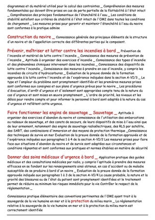 ddiiaaggrraammmmeess eett dduu mmaattéérriieell uuttiilliisséé ppoouurr llee ccaallccuull ddeess ccoonnttrraaiinntteess __ CCoommpprrééhheennssiioonn ddeess mmeessuurreess
ffoonnddaammeennttaalleess qquuii ddooiivveenntt êêttrree pprriisseess eenn ccaass ddee ppeerrttee ppaarrttiieellllee ddee llaa fflloottttaabbiilliittéé àà ll''ééttaatt iinnttaacctt
__ CCoommpprrééhheennssiioonn ddeess pprriinncciippeess ffoonnddaammeennttaauuxx ddee ll''ééttaanncchhééiittéé àà ll''eeaauu __ LLeess ccoonnddiittiioonnss ddee
ssttaabbiilliittéé ssaattiissffoonntt aauuxx ccrriittèèrreess ddee ssttaabbiilliittéé àà ll''ééttaatt iinnttaacctt ddee ll''OOMMII ddaannss ttoouutteess lleess ccoonnddiittiioonnss
ddee cchhaarrggeemmeenntt __ LLeess mmeessuurreess pprriisseess ppoouurr ggaarraannttiirr eett mmaaiinntteenniirr ll''ééttaanncchhééiittéé àà ll''eeaauu dduu nnaavviirree
ssoonntt ccoonnffoorrmmeess àà llaa pprraattiiqquuee aaddmmiissee
CCoonnssttrruuccttiioonn dduu nnaavviirree __ CCoonnnnaaiissssaannccee ggéénnéérraallee ddeess pprriinncciippaauuxx éélléémmeennttss ddee llaa ssttrruuccttuurree
dd''uunn nnaavviirree eett ddee ll''aappppeellllaattiioonn ccoorrrreeccttee ddeess ddiifffféérreenntteess ppaarrttiieess qquuii llee ccoommppoosseenntt..
PPrréévveenniirr,, mmaaîîttrriisseerr eett lluutttteerr ccoonnttrree lleess iinncceennddiieess àà bboorrdd __ PPrréévveennttiioonn ddee
ll''iinncceennddiiee eett mmaattéérriieell ddee lluuttttee ccoonnttrree ll''iinncceennddiiee __ CCoonnnnaaiissssaannccee ddeess mmeessuurreess ddee pprréévveennttiioonn ddee
ll''iinncceennddiiee __ AAppttiittuuddee àà oorrggaanniisseerr ddeess eexxeerrcciicceess dd''iinncceennddiiee __ CCoonnnnaaiissssaannccee ddeess ttyyppeess dd''iinncceennddiiee
eett ddeess pphhéénnoommèènneess cchhiimmiiqquueess iinntteerrvveennaanntt ddaannss lleess iinncceennddiieess __ CCoonnnnaaiissssaannccee ddeess ddiissppoossiittiiffss ddee
lluuttttee ccoonnttrree ll''iinncceennddiiee __ CCoonnnnaaiissssaannccee ddeess mmeessuurreess àà pprreennddrree eenn ccaass dd''iinncceennddiiee,, yy ccoommpprriiss lleess
iinncceennddiieess ddee cciirrccuuiittss dd''hhyyddrrooccaarrbbuurreess __ EEvvaalluuaattiioonn ddee llaa pprreeuuvvee ddoonnnnééee ddee llaa ffoorrmmaattiioonn
aapppprroouuvvééee àà llaa lluuttttee ccoonnttrree ll''iinncceennddiiee eett ddee ll''eexxppéérriieennccee iinnddiiqquuééeess ddaannss llaa sseeccttiioonn AA--VVII//33 __ LLee
ttyyppee eett ll''aammpplleeuurr dduu pprroobbllèèmmee ssoonntt pprroommpptteemmeenntt iiddeennttiiffiiééss eett lleess pprreemmiièèrreess mmeessuurreess pprriisseess
ssoonntt ccoonnffoorrmmeess aauuxx ccoonnssiiggnneess eett aauuxx ppllaannss dd''uurrggeennccee pprréévvuuss ppoouurr llee nnaavviirree __ LLeess pprrooccéédduurreess
dd''éévvaaccuuaattiioonn,, dd''aarrrrêêtt dd''uurrggeennccee eett dd''iissoolleemmeenntt ssoonntt aapppprroopprriiééeess ccoommppttee tteennuu ddee llaa nnaattuurree dduu
ccaass dd''uurrggeennccee eett ssoonntt mmiisseess eenn œœuuvvrree pprroommpptteemmeenntt __ LL''oorrddrree ddee pprriioorriittéé,, lleess nniivveeaauuxx eett lleess
ddééllaaiiss ppoouurr rreennddrree ccoommppttee eett ppoouurr iinnffoorrmmeerr llee ppeerrssoonnnneell àà bboorrdd ssoonntt aaddaappttééss àà llaa nnaattuurree dduu ccaass
dd''uurrggeennccee eett rreeffllèètteenntt cceettttee uurrggeennccee..
FFaaiirree ffoonnccttiioonnnneerr lleess eennggiinnss ddee ssaauuvveettaaggee __ SSaauuvveettaaggee __ AAppttiittuuddee àà
oorrggaanniisseerr ddeess eexxeerrcciicceess dd''aabbaannddoonn dduu nnaavviirree eett ccoonnnnaaiissssaannccee ddee ll''uuttiilliissaattiioonn ddeess eemmbbaarrccaattiioonnss
oouu rraaddeeaauuxx ddee ssaauuvveettaaggee,, eett ddeess ccaannoottss ddee sseeccoouurrss,, ddee lleeuurrss ddiissppoossiittiiffss ddee mmiissee àà ll''eeaauu aaiinnssii qquuee
ddee lleeuurr aarrmmeemmeenntt,, nnoottaammmmeenntt ddeess eennggiinnss ddee ssaauuvveettaaggee rraaddiiooéélleeccttrriiqquueess,, ddeess RRLLSS ppaarr ssaatteelllliittee,,
ddeess SSAARRTT,, ddeess ccoommbbiinnaaiissoonnss dd''iimmmmeerrssiioonn eett ddeess mmooyyeennss ddee pprrootteeccttiioonn tthheerrmmiiqquuee __CCoonnnnaaiissssaannccee
ddeess tteecchhnniiqquueess ddee ssuurrvviiee eenn mmeerr EEvvaalluuaattiioonn ddee llaa pprreeuuvvee ddoonnnnééee ddee llaa ffoorrmmaattiioonn aapppprroouuvvééee eett ddee
ll''eexxppéérriieennccee iinnddiiqquuééeess aauuxx ppaarraaggrraapphheess 11 àà 44 ddee llaa sseeccttiioonn AA--VVII//22 LLeess mmeessuurreess pprriisseess ppoouurr ffaaiirree
ffaaccee aauuxx ssiittuuaattiioonnss dd''aabbaannddoonn dduu nnaavviirree eett ddee ssuurrvviiee ssoonntt aaddaappttééeess aauuxx cciirrccoonnssttaanncceess eett
ccoonnddiittiioonnss rrééggnnaanntteess eett ssoonntt ccoonnffoorrmmeess aauuxx pprraattiiqquueess eett nnoorrmmeess ééttaabblliieess eenn mmaattiièèrree ddee ssééccuurriittéé
DDoonnnneerr ddeess ssooiinnss mmééddiiccaauuxx dd''uurrggeennccee àà bboorrdd __ AApppplliiccaattiioonn pprraattiiqquuee ddeess gguuiiddeess
mmééddiiccaauuxx eett ddeess ccoonnssuullttaattiioonnss mmééddiiccaalleess ppaarr rraaddiioo,, yy ccoommpprriiss ll''aappttiittuuddee àà pprreennddrree ddeess mmeessuurreess
eeffffiiccaacceess eenn ssee ffoonnddaanntt ssuurr lleess rreennsseeiiggnneemmeennttss aaiinnssii oobbtteennuuss,, eenn ccaass dd''aacccciiddeenntt oouu ddee mmaallaaddiiee
ssuusscceeppttiibbllee ddee ssee pprroodduuiirree àà bboorrdd dd''uunn nnaavviirree __ EEvvaalluuaattiioonn ddee llaa pprreeuuvvee ddoonnnnééee ddee llaa ffoorrmmaattiioonn
aapppprroouuvvééee iinnddiiqquuééee aauuxx ppaarraaggrraapphheess 11 àà 33 ddee llaa sseeccttiioonn AA--VVII//44 LLaa ccaauussee pprroobbaabbllee,, llaa nnaattuurree eett llaa
ggrraavviittéé ddeess bblleessssuurreess oouu ddee ll''ééttaatt dduu ppaattiieenntt ssoonntt pprroommpptteemmeenntt iiddeennttiiffiiééeess eett llee ttrraaiitteemmeenntt
ppeerrmmeett ddee rréédduuiirree aauu mmiinniimmuumm lleess rriissqquueess iimmmmééddiiaattss ppoouurr llaa vviiee CCoonnttrrôôlleerr llee rreessppeecctt ddee llaa
rréégglleemmeennttaattiioonn __
CCoonnnnaaiissssaannccee pprraattiiqquuee éélléémmeennttaaiirree ddeess ccoonnvveennttiioonnss ppeerrttiinneenntteess ddee ll''OOMMII aayyaanntt ttrraaiitt àà llaa
ssaauuvveeggaarrddee ddee llaa vviiee hhuummaaiinnee eenn mmeerr eett àà llaa pprrootteeccttiioonn dduu mmiilliieeuu mmaarriinn __ LLaa rréégglleemmeennttaattiioonn
rreellaattiivvee àà llaa ssaauuvveeggaarrddee ddee llaa vviiee hhuummaaiinnee eenn mmeerr eett àà llaa pprrootteeccttiioonn dduu mmiilliieeuu mmaarriinn eesstt
ccoorrrreecctteemmeenntt iiddeennttiiffiiééee
 