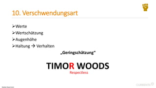 10. Verschwendungsart
Werte
Wertschätzung
Augenhöhe
Haltung  Verhalten
„Geringschätzung“
TIMOR WOODS
Respectless
Stephan Bauermann
 