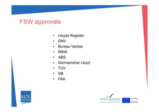 FSW approvals
• Lloyds Register
• DNV
• Bureau Veritas
• RINA
ABS• ABS
• Germanisher Lloyd
• TUVTUV
• DB
• FAA
 