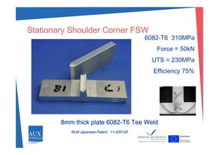 Stationary Shoulder Corner FSW
6082-T6 310MPa
Force = 50kN
UTS = 230MPaUTS = 230MPa
Efficiency 75%
8mm thick plate 6082-T6 Tee Weld
NLM Japanese Patent : 11-320128
 