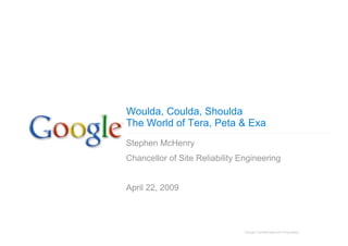 Woulda, Coulda, Shoulda
The World of Tera, Peta & Exa
Stephen McHenry
Chancellor of Site Reliability Engineering


April 22, 2009




                                Google Confidential and Proprietary
 