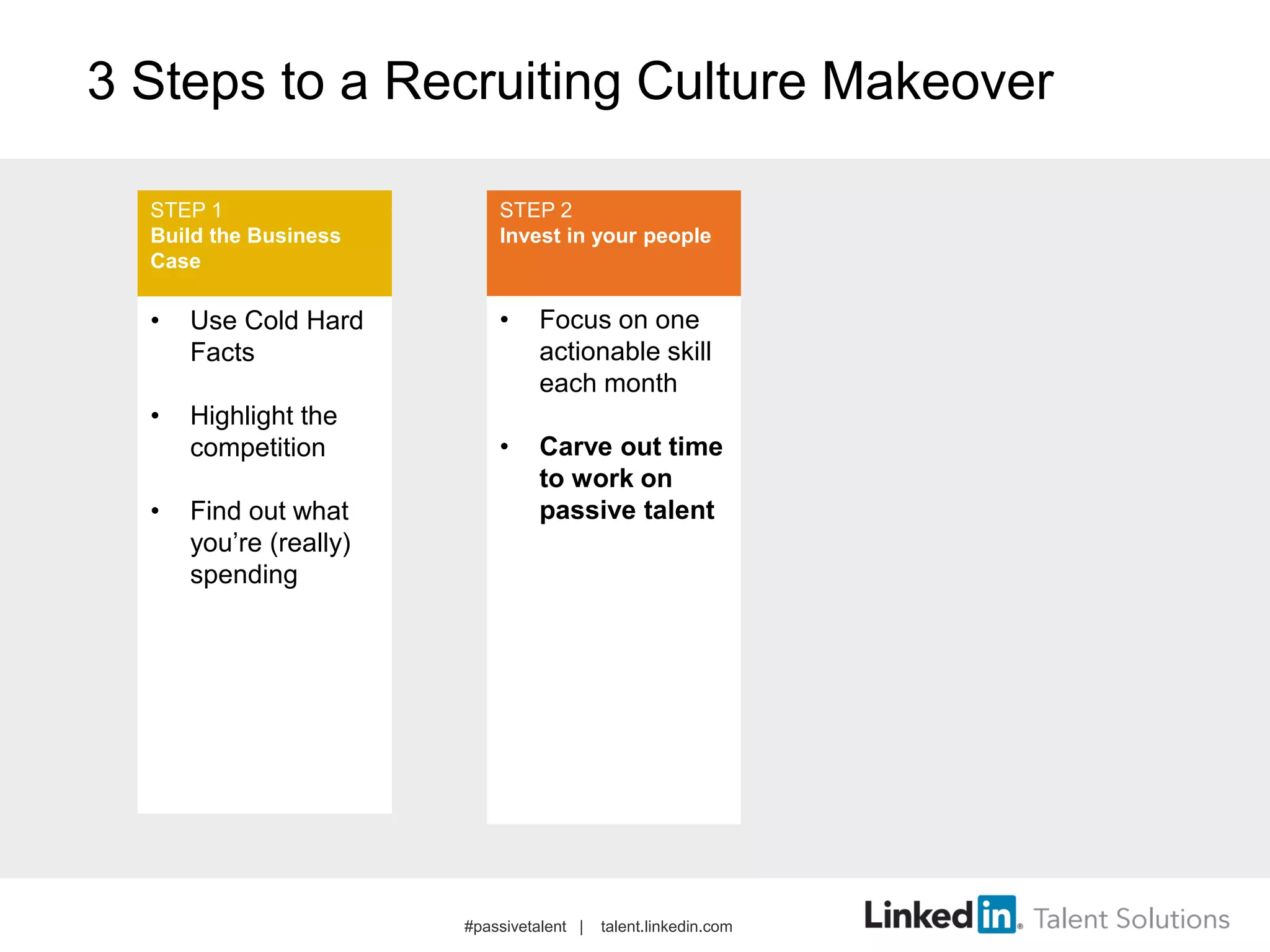 3 Steps to a Recruiting Culture Makeover
• Use Cold Hard
Facts
• Highlight the
competition
• Find out what
you’re (really)
spending
• Focus on one
actionable skill
each month
• Carve out time
to work on
passive talent
STEP 1
Build the Business
Case
STEP 2
Invest in your people
#passivetalent | talent.linkedin.com
 