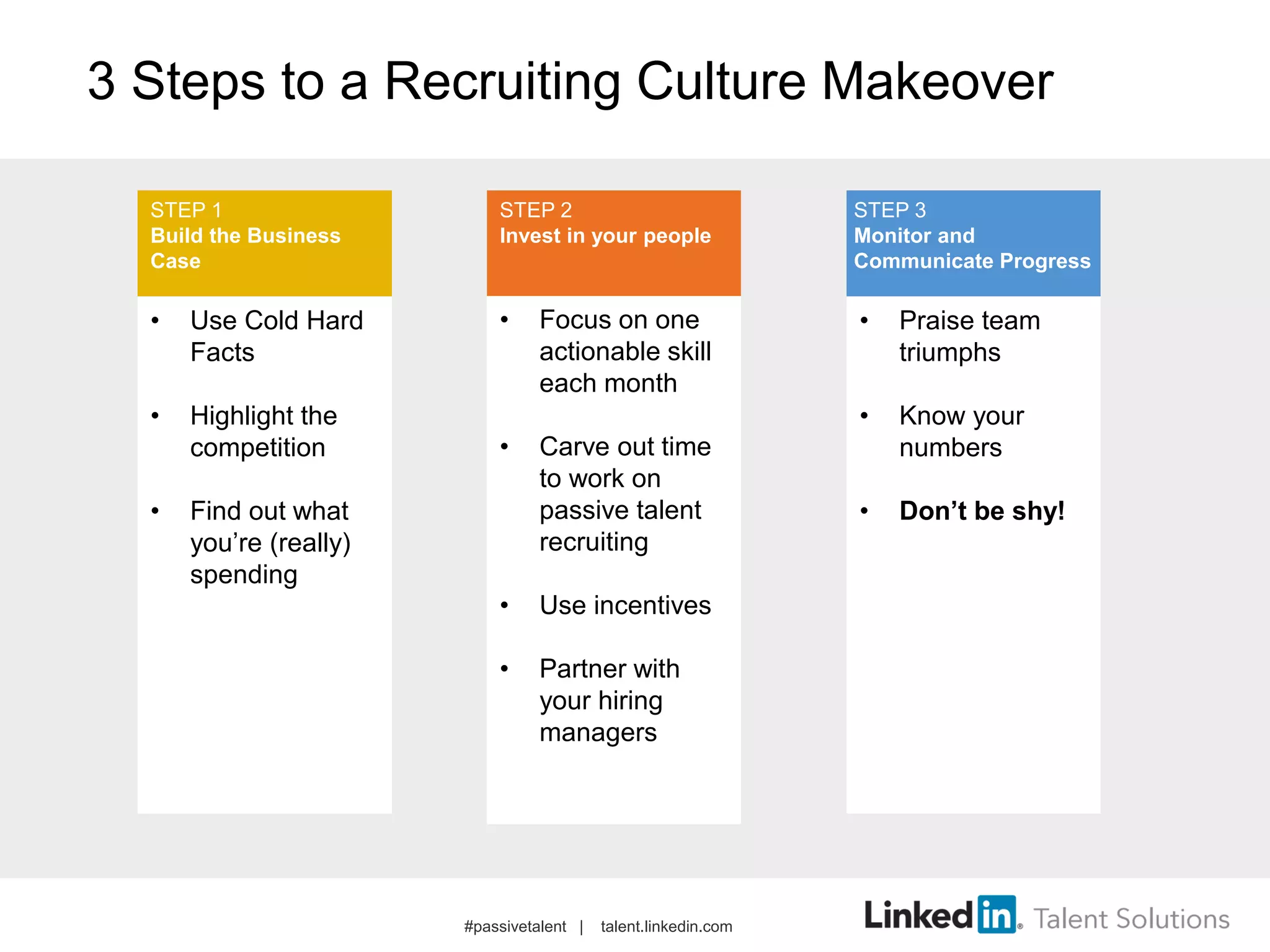 3 Steps to a Recruiting Culture Makeover
• Use Cold Hard
Facts
• Highlight the
competition
• Find out what
you’re (really)
spending
• Focus on one
actionable skill
each month
• Carve out time
to work on
passive talent
recruiting
• Use incentives
• Partner with
your hiring
managers
• Praise team
triumphs
• Know your
numbers
• Don’t be shy!
STEP 1
Build the Business
Case
STEP 2
Invest in your people
STEP 3
Monitor and
Communicate Progress
#passivetalent | talent.linkedin.com
 