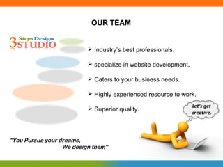 OUR TEAM


                           Industry’s best professionals.

                           specialize in website development.

                           Caters to your business needs.

                           Highly experienced resource to work.

                           Superior quality.




"You Pursue your dreams,
                  We design them"
 