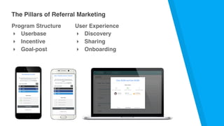 The Pillars of Referral Marketing
Program Structure
▸ Userbase
▸ Incentive
▸ Goal-post
User Experience
▸ Discovery
▸ Sharing
▸ Onboarding
 