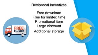 Free download

Free for limited time

Promotional item

Large discount

Additional storage
Reciprocal Incentives
 