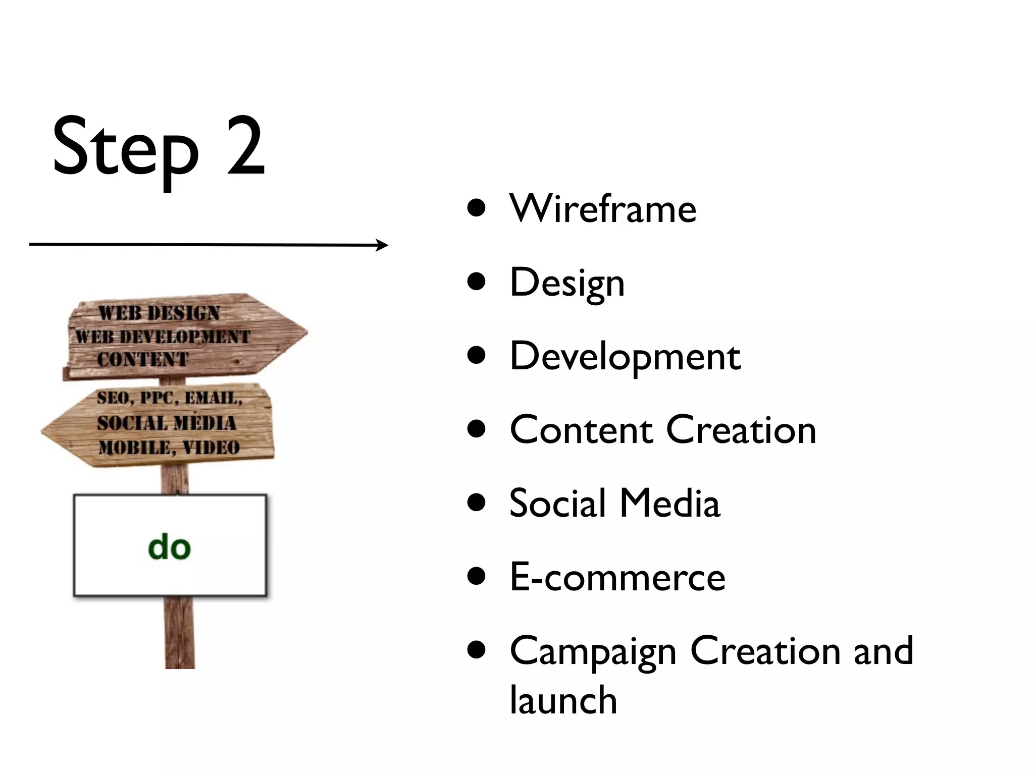 Step 2
         • Wireframe
         • Design
         • Development
         • Content Creation
         • Social Media
         • E-commerce
         • Campaign Creation and
           launch
 