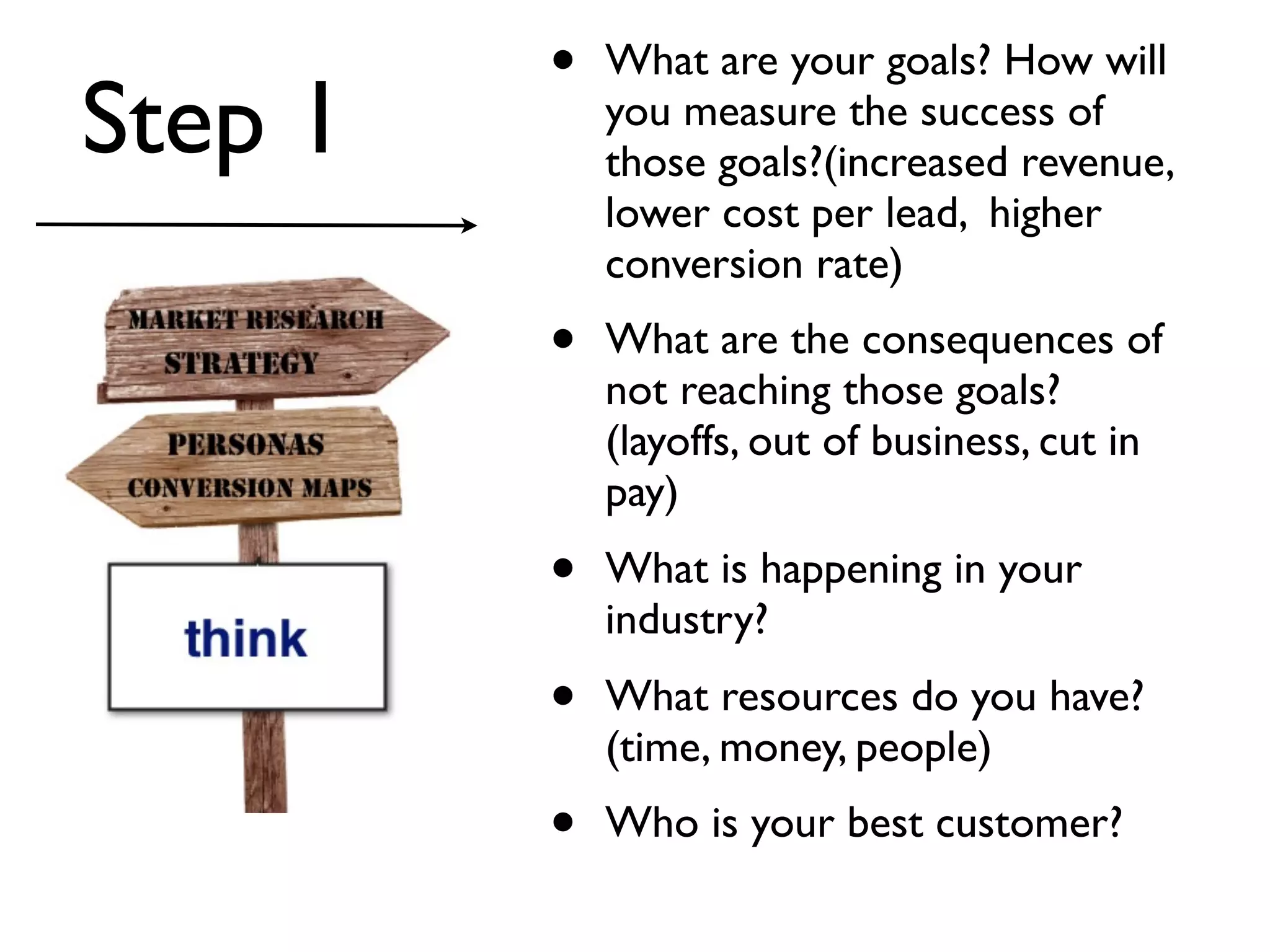 •   What are your goals? How will
Step 1       you measure the success of
             those goals?(increased revenue,
             lower cost per lead, higher
             conversion rate)
         •   What are the consequences of
             not reaching those goals?
             (layoffs, out of business, cut in
             pay)
         •   What is happening in your
             industry?
         •   What resources do you have?
             (time, money, people)
         •   Who is your best customer?
 