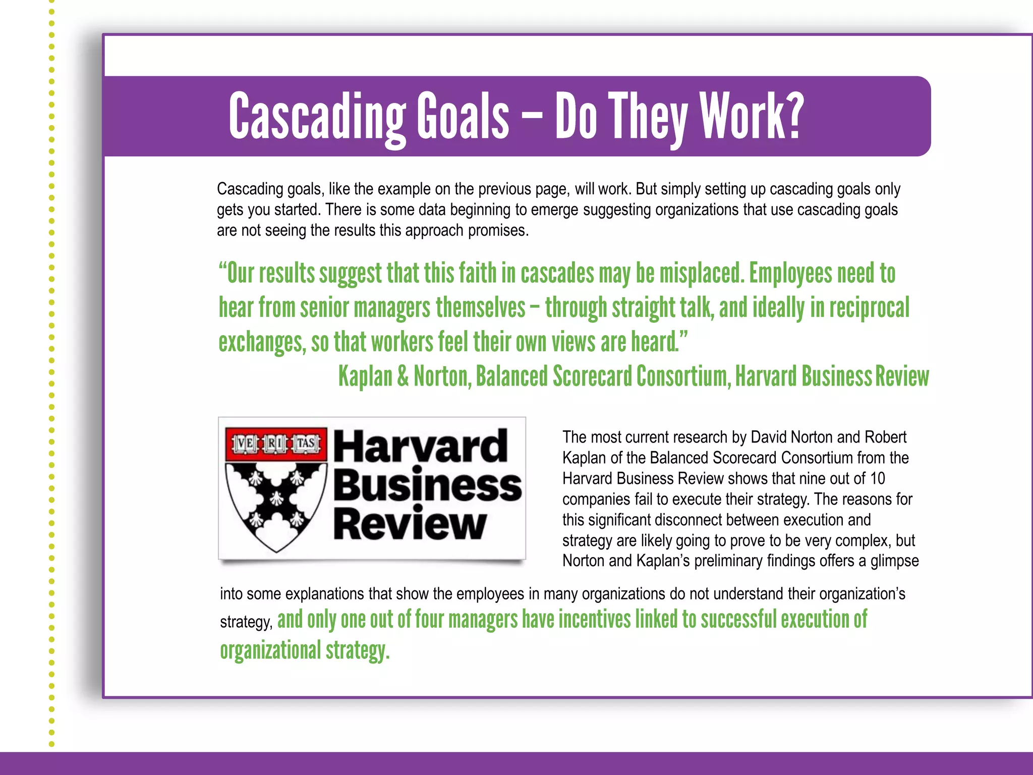 Cascading goals, like the example on the previous page, will work. But simply setting up cascading goals only
gets you started. There is some data beginning to emerge suggesting organizations that use cascading goals
are not seeing the results this approach promises.




                                                       The most current research by David Norton and Robert
                                                       Kaplan of the Balanced Scorecard Consortium from the
                                                       Harvard Business Review shows that nine out of 10
                                                       companies fail to execute their strategy. The reasons for
                                                       this significant disconnect between execution and
                                                       strategy are likely going to prove to be very complex, but
                                                       Norton and Kaplan’s preliminary findings offers a glimpse
into some explanations that show the employees in many organizations do not understand their organization’s
strategy,
 