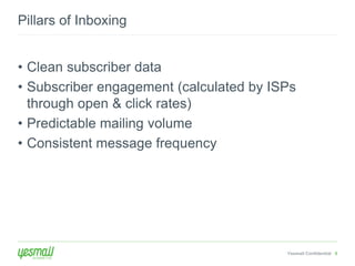• Clean subscriber data 
• Subscriber engagement (calculated by ISPs 
through open & click rates) 
• Predictable mailing volume 
• Consistent message frequency 
Yesmail Confidential 5 
Pillars of Inboxing 
 