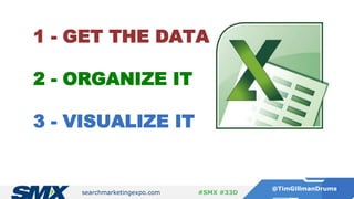 searchmarketingexpo.com
@TimGillmanDrums
#SMX #33D
1 - GET THE DATA
2 - ORGANIZE IT
3 - VISUALIZE IT
 