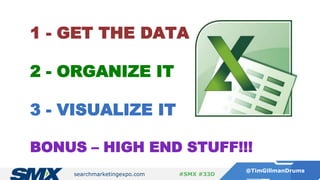searchmarketingexpo.com
@TimGillmanDrums
#SMX #33D
1 - GET THE DATA
2 - ORGANIZE IT
3 - VISUALIZE IT
BONUS – HIGH END STUFF!!!
 