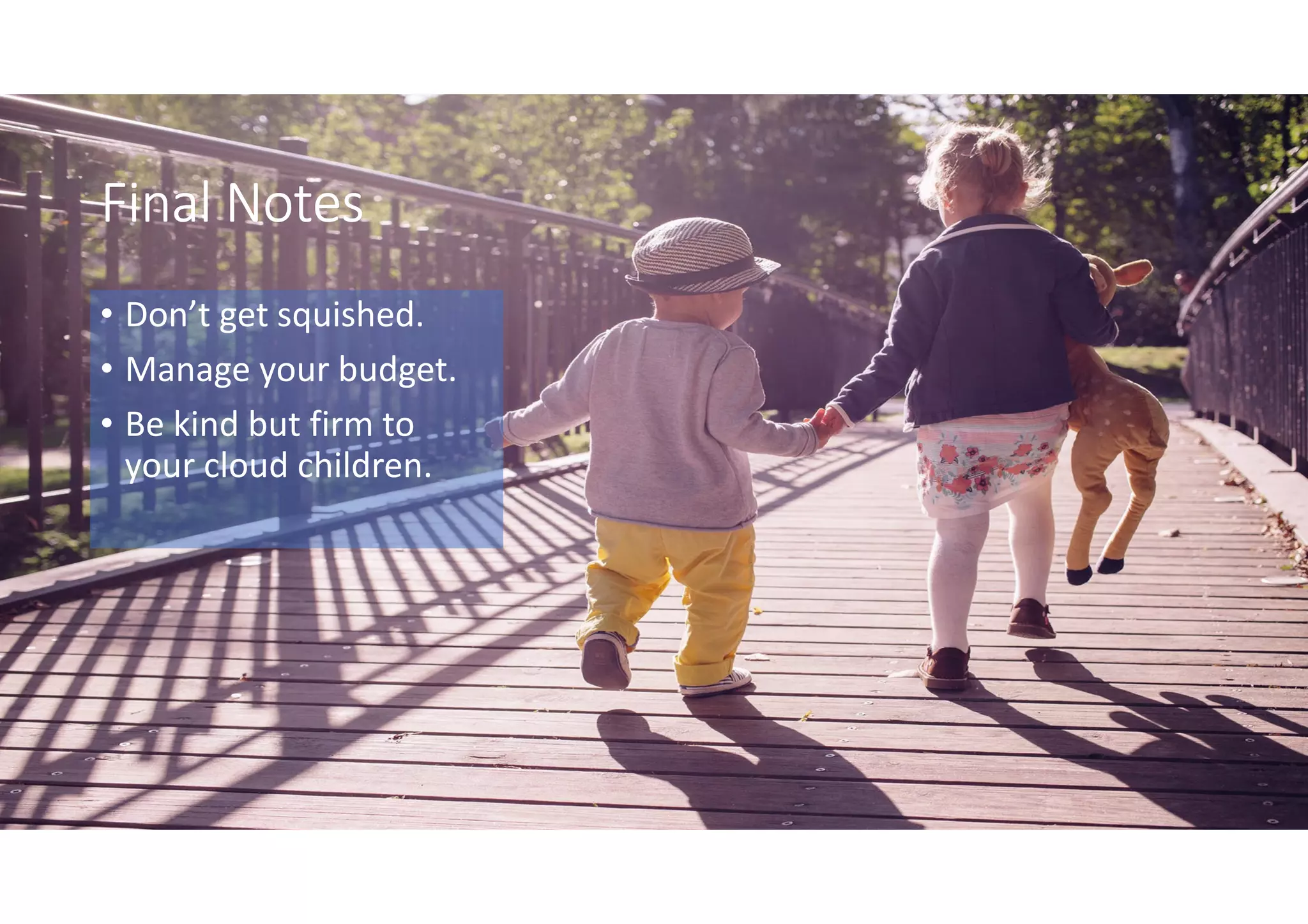 Final NotesFinal NotesFinal NotesFinal Notes
• Don’t get squished.
• Manage your budget.
• Be kind but firm to
your cloud children.
 
