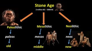 Stone Age
2 million BC – 3000 BC
Paleolithic Mesolithic Neolithic
mesospaleos
old middle
neos
new
 