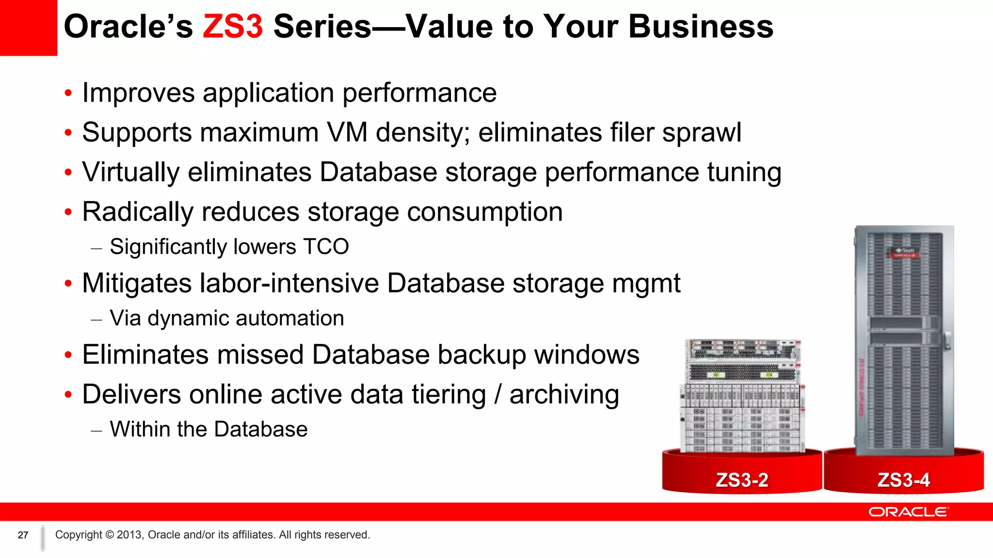 Oracle’s ZS3 Series—Value to Your Business
•
•
•
•

Improves application performance
Supports maximum VM density; eliminates filer sprawl
Virtually eliminates Database storage performance tuning
Radically reduces storage consumption
– Significantly lowers TCO

• Mitigates labor-intensive Database storage mgmt
– Via dynamic automation

• Eliminates missed Database backup windows
• Delivers online active data tiering / archiving
– Within the Database
ZS3-2
27

Copyright © 2013, Oracle and/or its affiliates. All rights reserved.

ZS3-4

 