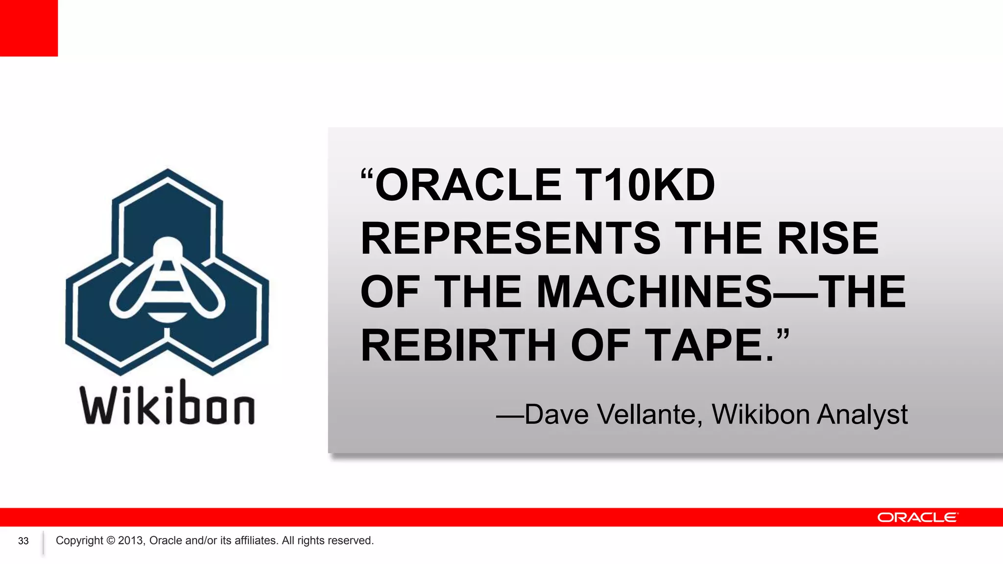 “ORACLE T10KD
REPRESENTS THE RISE
OF THE MACHINES—THE
REBIRTH OF TAPE.”
—Dave Vellante, Wikibon Analyst

33

Copyright © 2013, Oracle and/or its affiliates. All rights reserved.

 