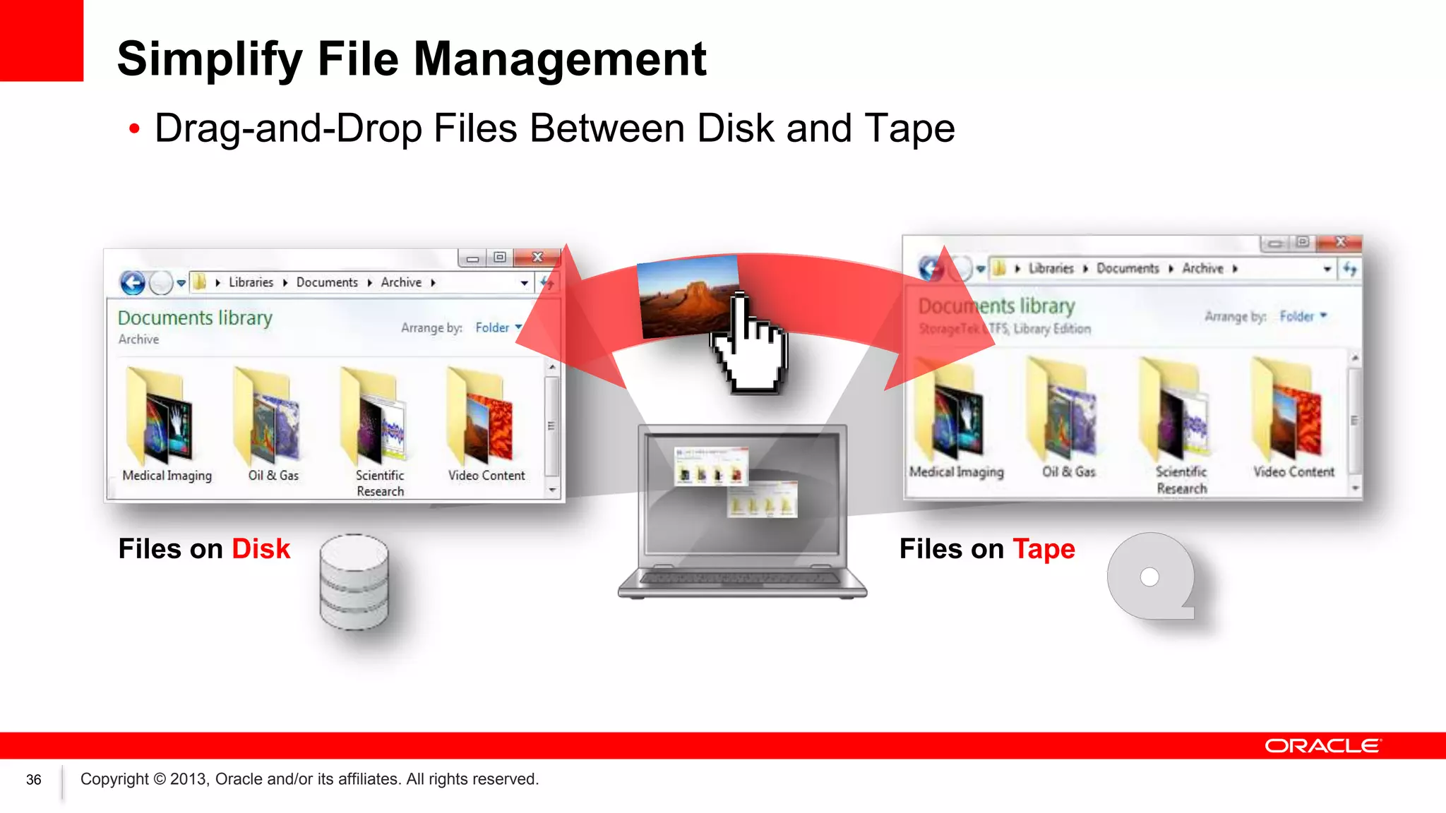 Simplify File Management
• Drag-and-Drop Files Between Disk and Tape

Files on Disk

36

Copyright © 2013, Oracle and/or its affiliates. All rights reserved.

Files on Tape

 