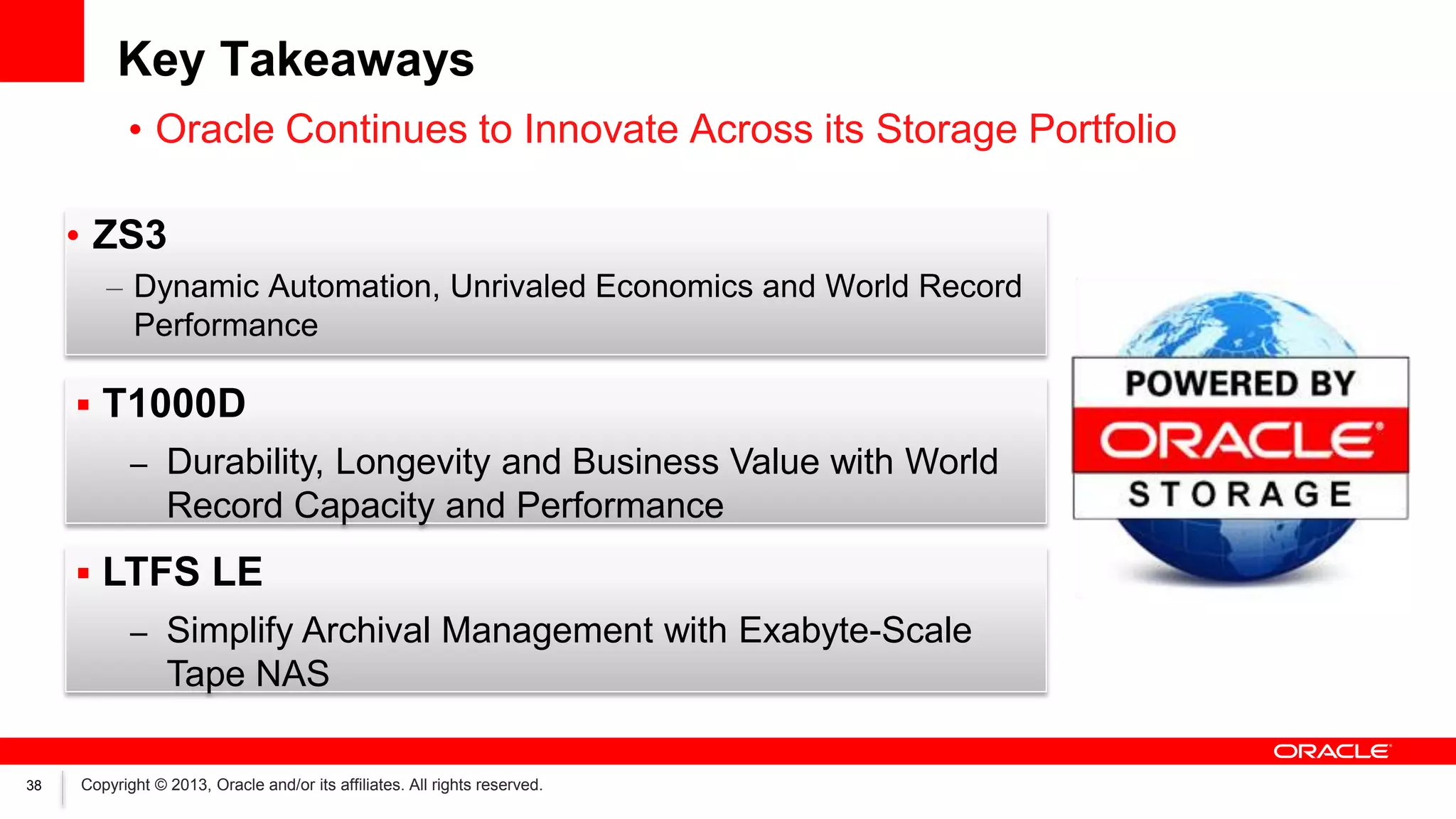 Key Takeaways
• Oracle Continues to Innovate Across its Storage Portfolio
• ZS3
– Dynamic Automation, Unrivaled Economics and World Record
Performance

 T1000D
– Durability, Longevity and Business Value with World

Record Capacity and Performance
 LTFS LE
– Simplify Archival Management with Exabyte-Scale

Tape NAS
38

Copyright © 2013, Oracle and/or its affiliates. All rights reserved.

 
