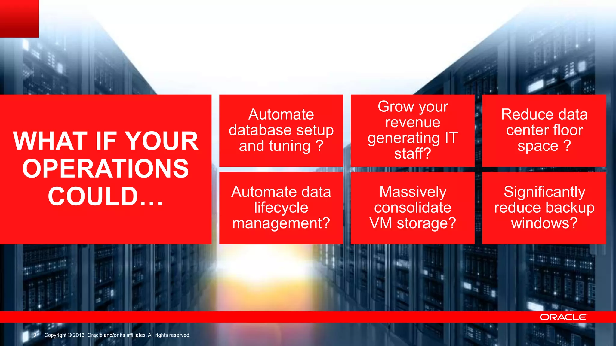 WHAT IF YOUR
OPERATIONS
COULD…

9

Copyright ©© 2013, Oracle and/or its affiliates. All rights reserved.
Copyright 2013, Oracle and/or its affiliates. All rights reserved.

Automate
database setup
and tuning ?

Grow your
revenue
generating IT
staff?

Reduce data
center floor
space ?

Automate data
lifecycle
management?

Massively
consolidate
VM storage?

Significantly
reduce backup
windows?

 