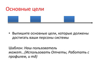 Основные цели



• Выпишите основные цели, которые должены
  достигать ваши персоны системы

Шаблон: Наш пользователь
может...(Использовать Отчеты, Работать с
профилем, и тд)
 
