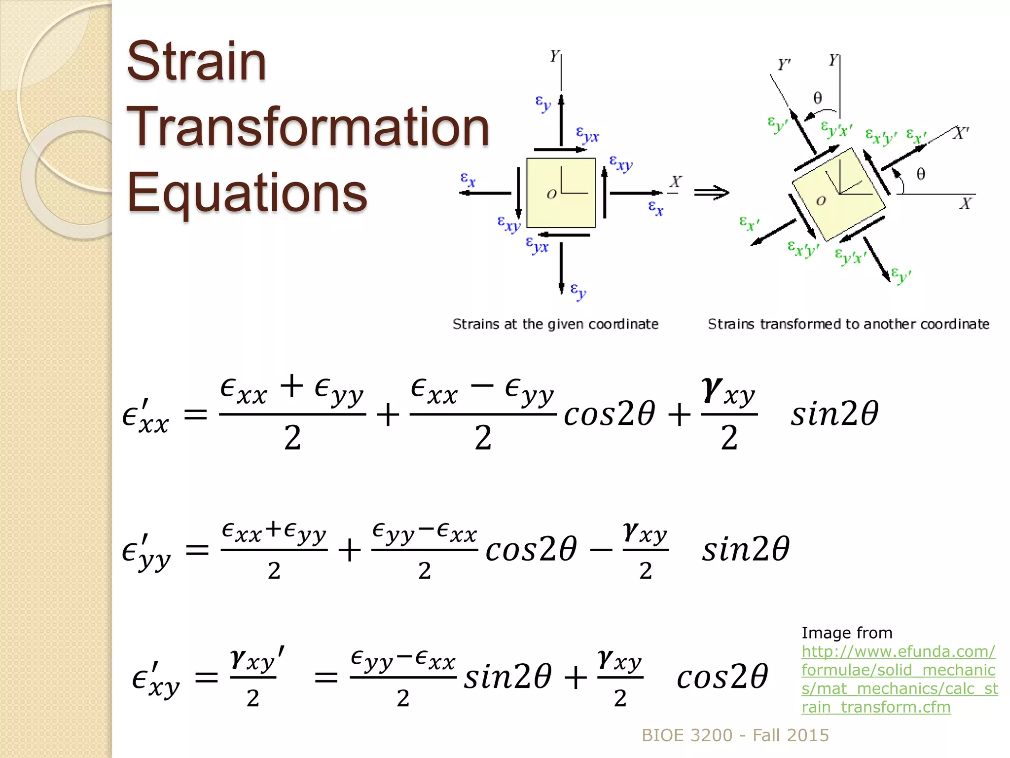 Strain
Transformation
Equations
𝜖 𝑥𝑥
′
=
𝜖 𝑥𝑥 + 𝜖 𝑦𝑦
2
+
𝜖 𝑥𝑥 − 𝜖 𝑦𝑦
2
𝑐𝑜𝑠2𝜃 +
𝜸 𝑥𝑦
2
𝑠𝑖𝑛2𝜃
𝜖 𝑦𝑦
′
=
𝜖 𝑥𝑥+𝜖 𝑦𝑦
2
+
𝜖 𝑦𝑦−𝜖 𝑥𝑥
2
𝑐𝑜𝑠2𝜃 −
𝜸 𝑥𝑦
2
𝑠𝑖𝑛2𝜃
𝜖 𝑥𝑦
′
=
𝜸 𝑥𝑦
2
′
=
𝜖 𝑦𝑦−𝜖 𝑥𝑥
2
𝑠𝑖𝑛2𝜃 +
𝜸 𝑥𝑦
2
𝑐𝑜𝑠2𝜃
BIOE 3200 - Fall 2015
Image from
http://www.efunda.com/
formulae/solid_mechanic
s/mat_mechanics/calc_st
rain_transform.cfm
 
