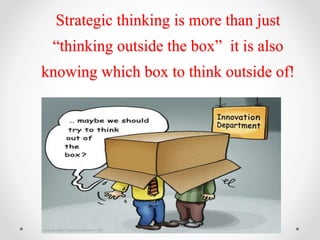 Strategic thinking is more than just
“thinking outside the box” it is also
knowing which box to think outside of!
 