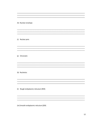 ______________________________________________________________________________
______________________________________________________________________________
______________________________________________________________________________
(h) Nuclear envelope
______________________________________________________________________________
______________________________________________________________________________
______________________________________________________________________________
(i) Nuclear pore
______________________________________________________________________________
______________________________________________________________________________
______________________________________________________________________________
(j) Chromatin
______________________________________________________________________________
______________________________________________________________________________
______________________________________________________________________________
(k) Nucleolus
______________________________________________________________________________
______________________________________________________________________________
______________________________________________________________________________
(l) Rough endoplasmic reticulum (RER)
______________________________________________________________________________
______________________________________________________________________________
______________________________________________________________________________
(m) Smooth endoplasmic reticulum (SER)

12

 