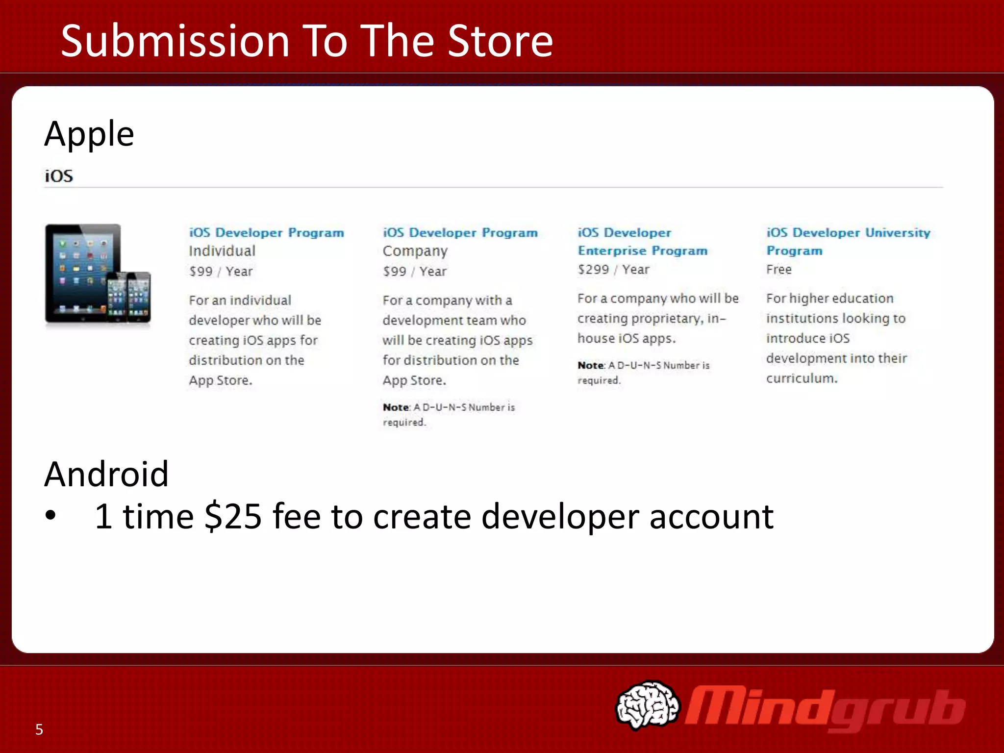 Submission To The Store
Apple




Android
• 1 time $25 fee to create developer account




5
 
