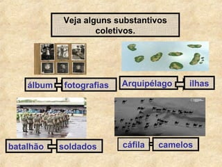 Veja alguns substantivos
coletivos.

álbum

batalhão

fotografias

soldados

Arquipélago

cáfila

ilhas

camelos

 