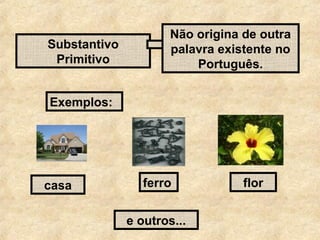 Substantivo
Primitivo

Não origina de outra
palavra existente no
Português.

Exemplos:

casa

ferro
e outros...

flor

 